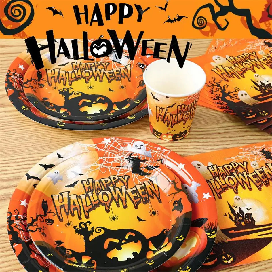 Halloween Them Party Decoration Set Halloween Pumpkins Tableware for Festival Paper Tableware Plate Napkin Towel Tissue Cup 2025