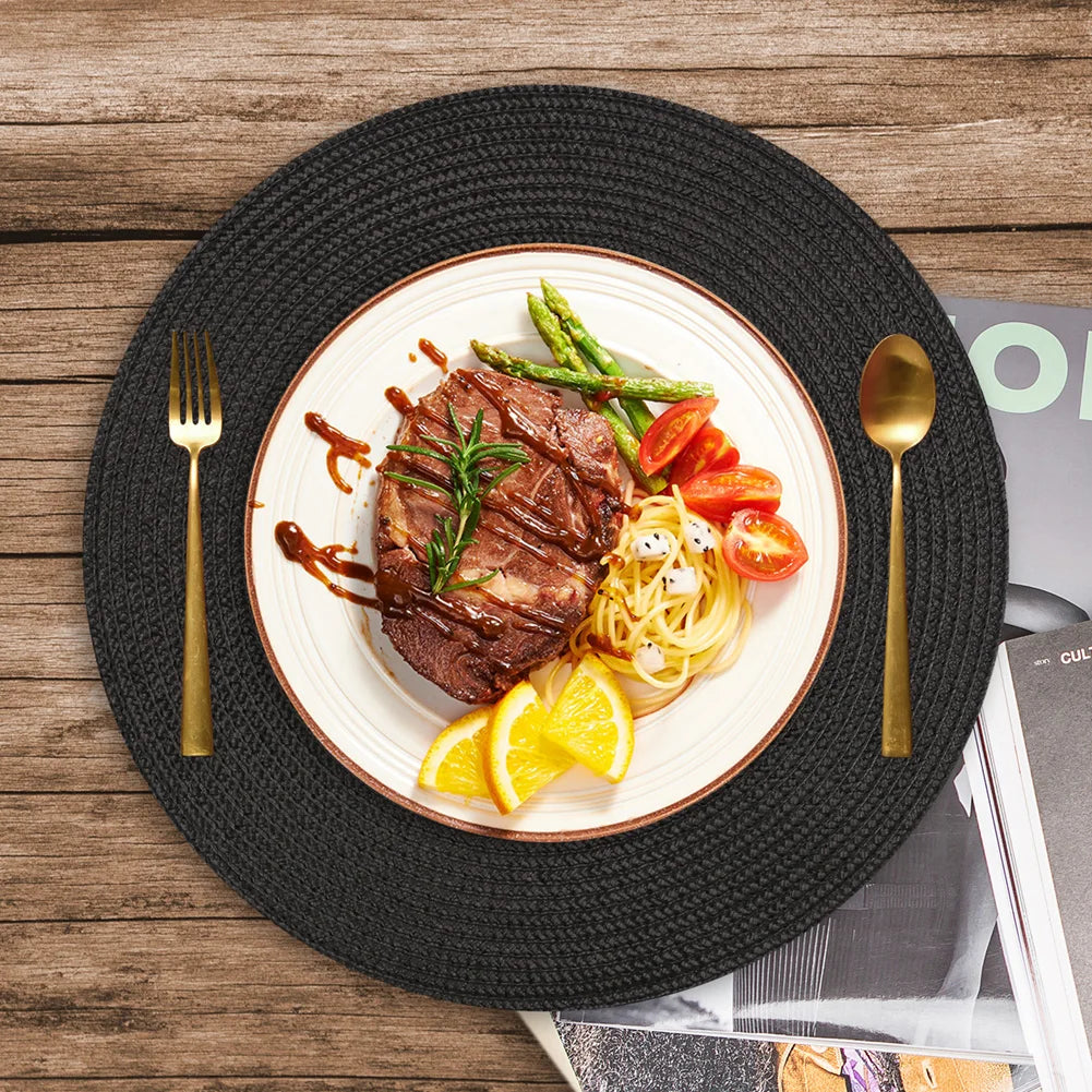 Set of 12 Round Braided Table Mat Washable Placemats Non Slip Heat Resistant for Kitchen Dining Tables Pad With Cup Coasters