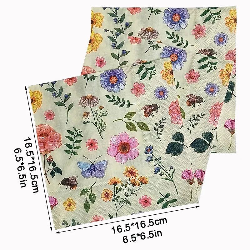 10/20pcs 33cm 2Ply Colourful Floral Napkins Valentine's Day Wedding Paper Butterfly Bart Paper Wine Glass Flower Paper Placemats