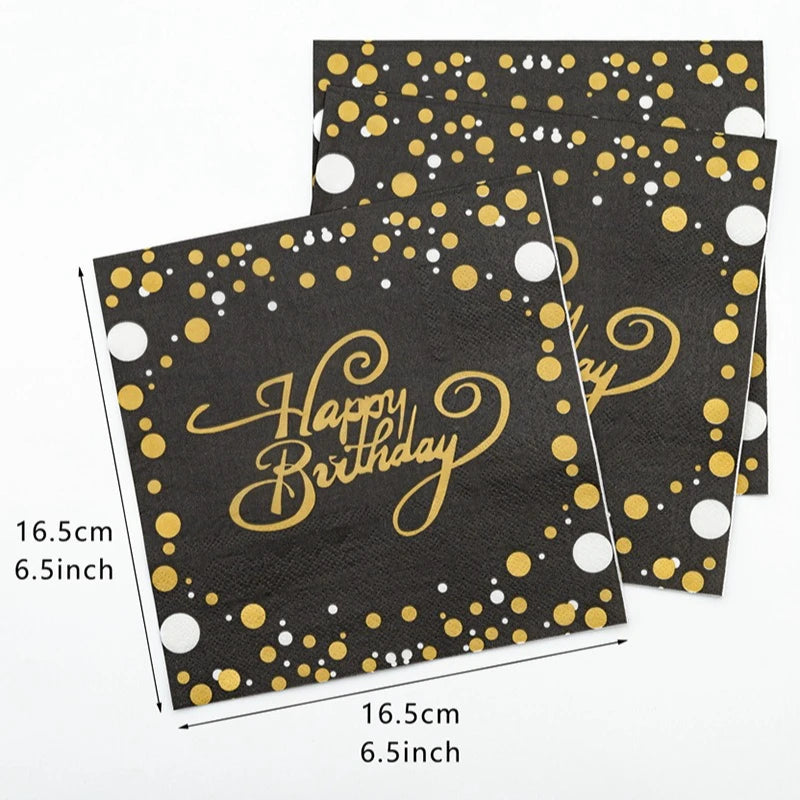 Birthday Party Colorful Printing Napkins Square Paper Napkins Gold Lettering on Black Background Paper Placemats 20/40pcs