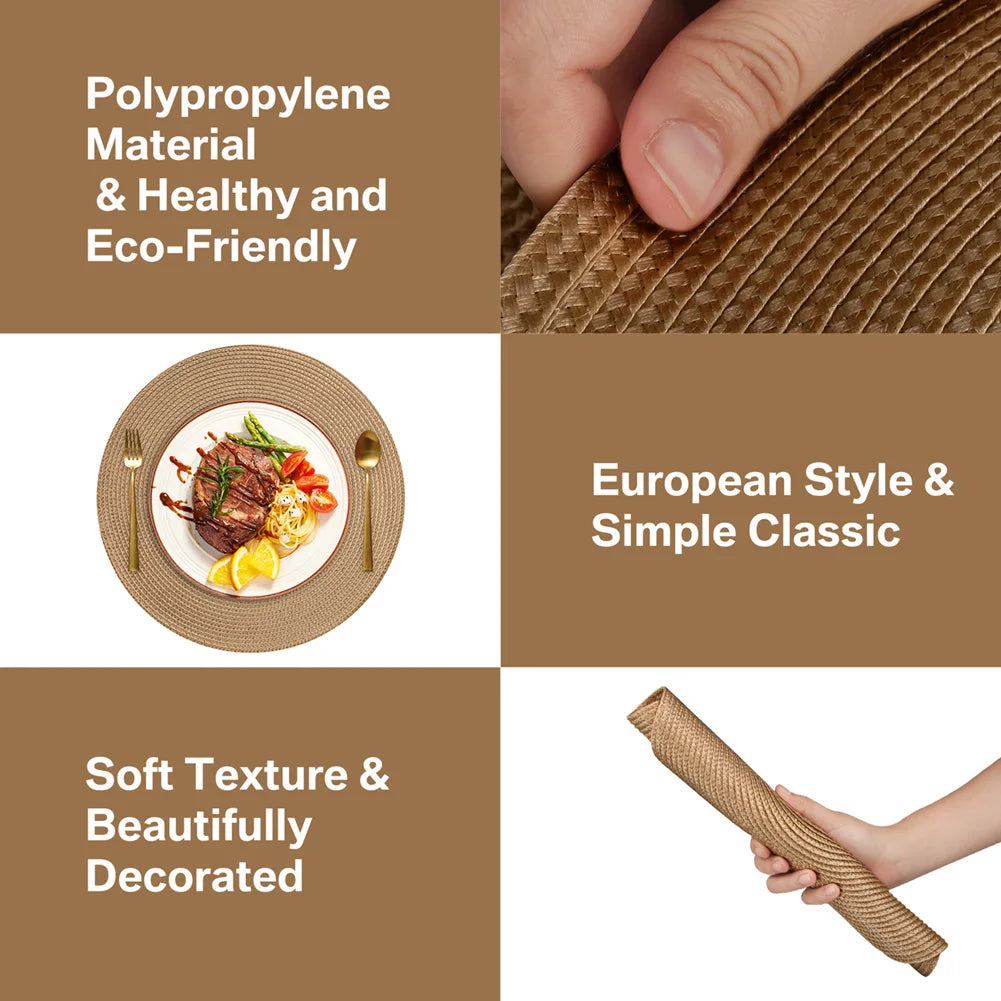 Set of 12 Round Braided Table Mat Washable Placemats Non Slip Heat Resistant for Kitchen Dining Tables Pad With Cup Coasters