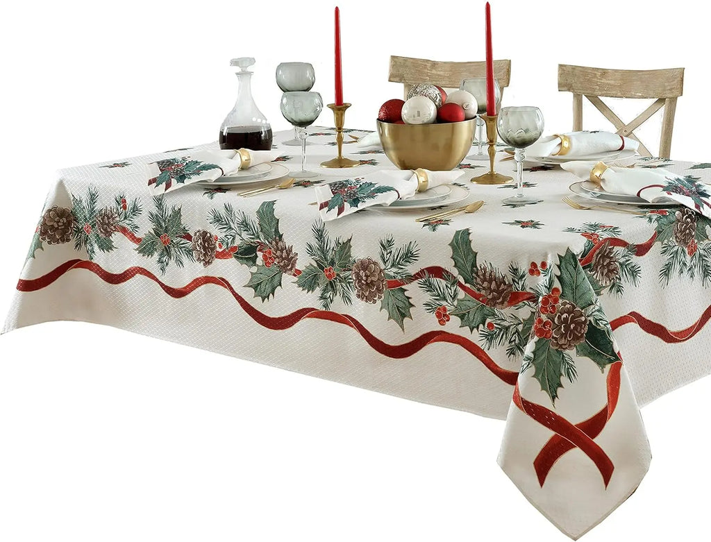 Christmas Holly Pine Needle Waterproof Tablecloth Table Decor Winter Xmas Holiday Kitchen Dining Tablecloth Christmas Decoration