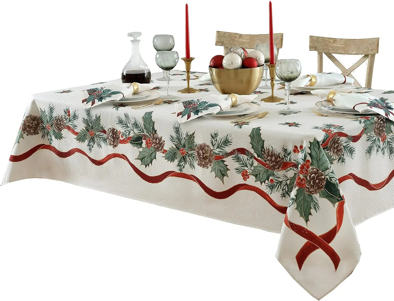 Christmas Holly Pine Needle Waterproof Tablecloth Table Decor Winter Xmas Holiday Kitchen Dining Tablecloth Christmas Decoration