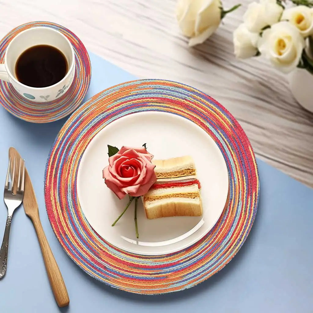Set of 12 Round Braided Table Mat Washable Placemats Non Slip Heat Resistant for Kitchen Dining Tables Pad With Cup Coasters