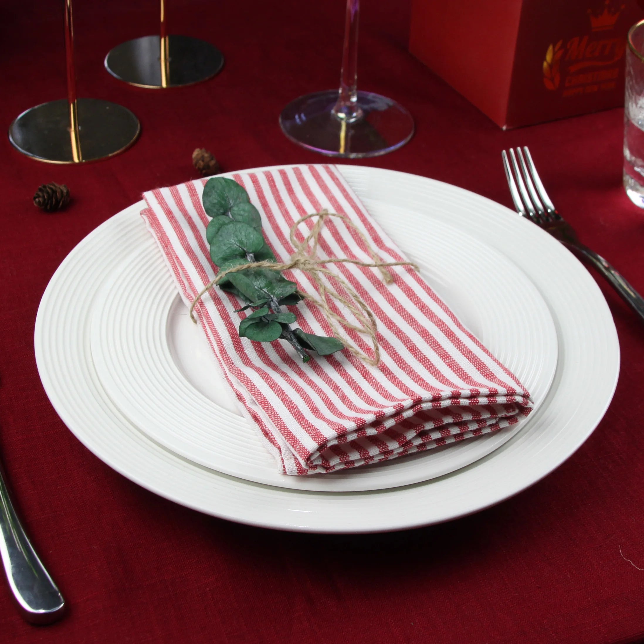Plain Striped Linen Cotton Blended Dinner Cloth Napkins Placemats Tea Towels Set of 12 (40 x 30 cm) for Events & Home Use