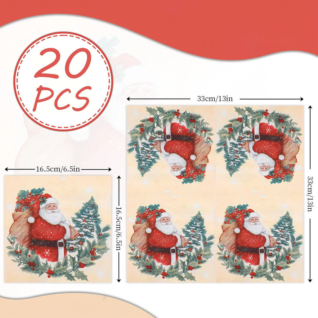 20pcs Santa Claus Holly Wreath Printed Paper Napkins - Pure Wood Pulp, 33x33cm 3-ply, Table Settings Disposable Decoupage Napkin