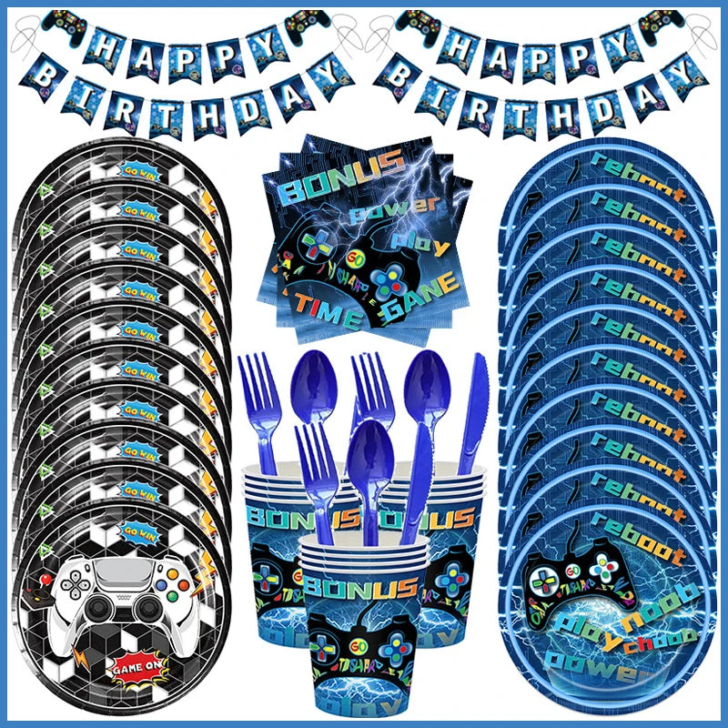 Video Game Birthday Party Favors New Paper Black White Blue Tableware Happy Birthday Plates Napkins Background Decorations Kits