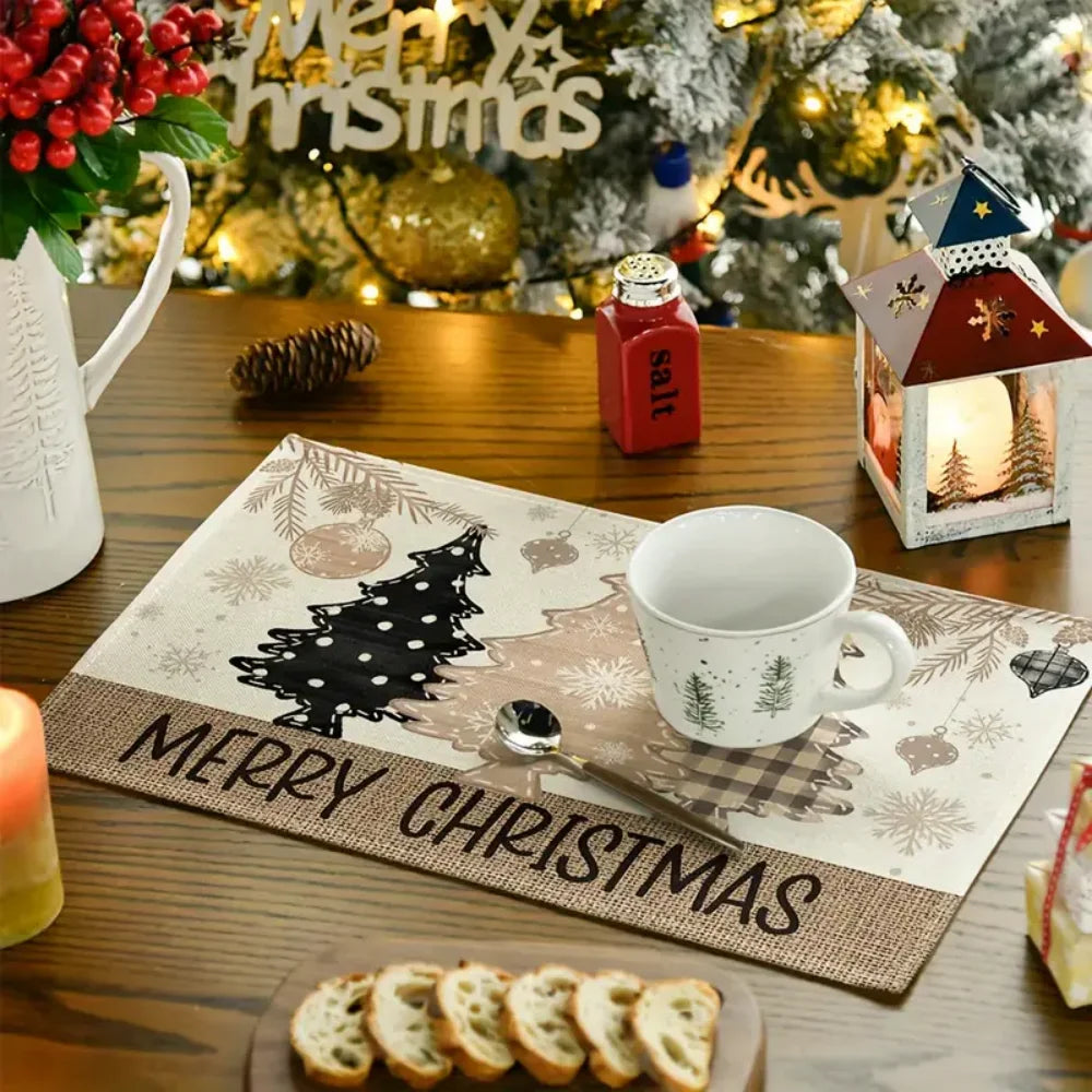 VIKAMA Linen Placemat with Christmas Element Printing Dirt Resistant Tabletop Placemat Suitable Party Kitchen and Restaurant