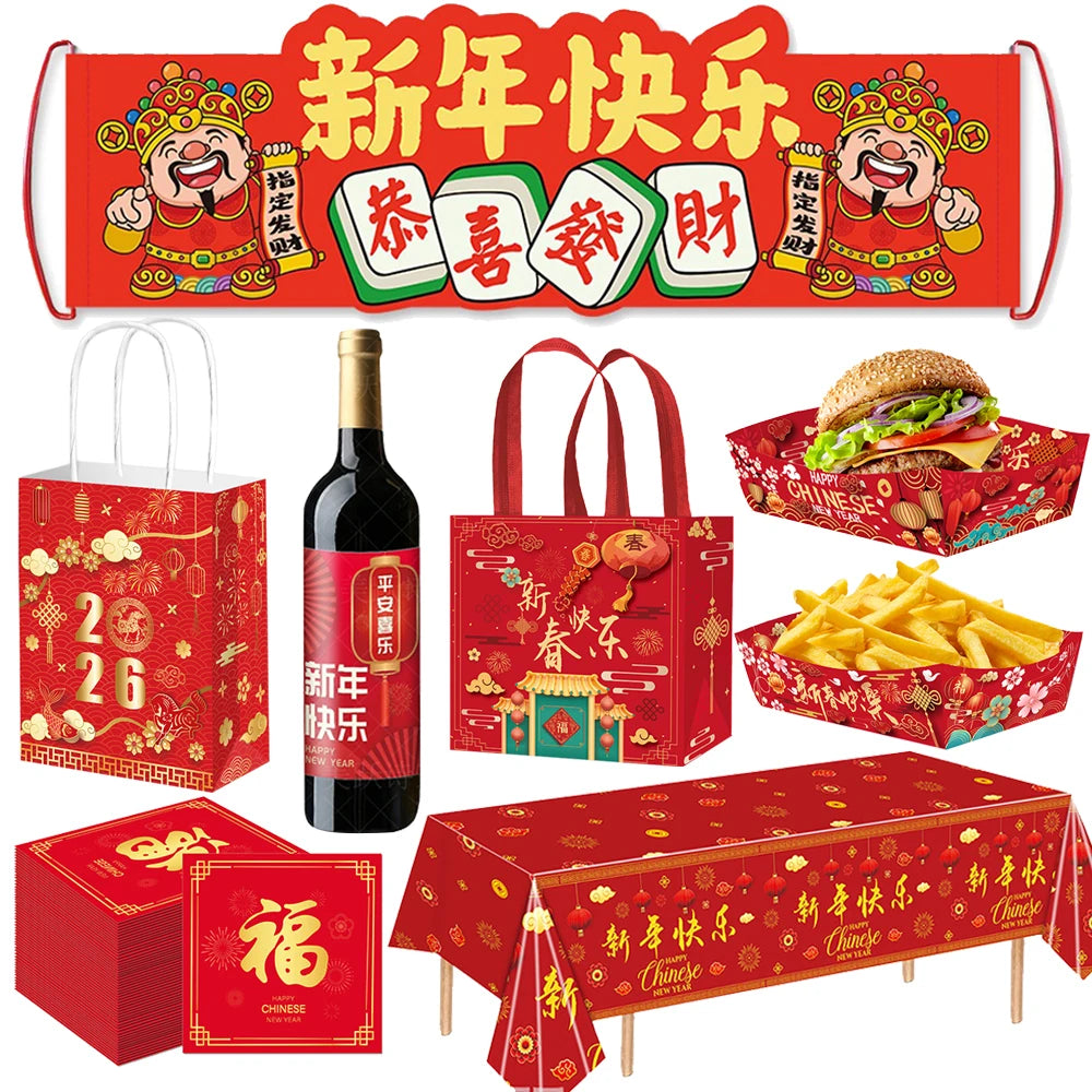 Chinese Spring Festival Banner Gifts Bags Food Tray Napkins Tablecloth Wine Bottle Stickers Happy New Year 2026 Party Decor