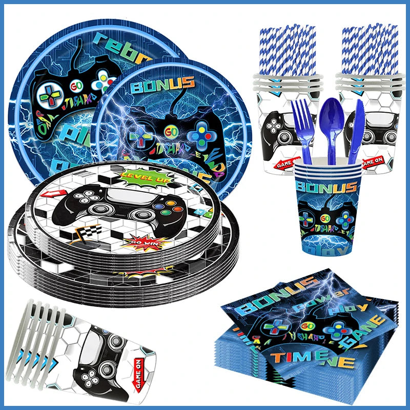 Video Game Birthday Party Favors New Paper Black White Blue Tableware Happy Birthday Plates Napkins Background Decorations Kits