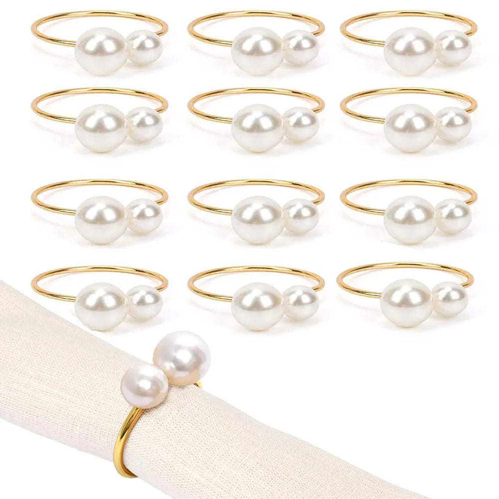 12PCS Pearl Napkin Rings Set Gold Napkin Ring Holders Serviette Ring Buckle for Wedding Birthday Banquet Party Table Supplies