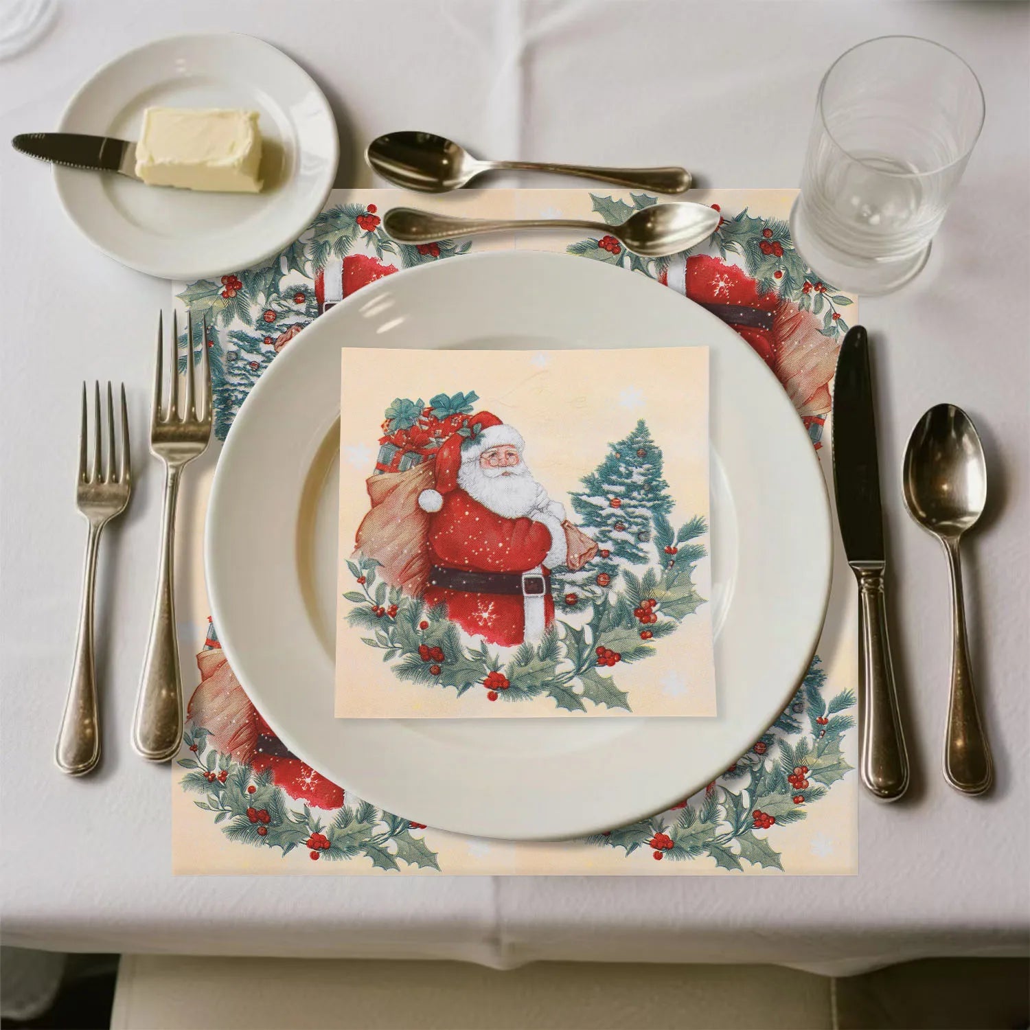 20pcs Santa Claus Holly Wreath Printed Paper Napkins - Pure Wood Pulp, 33x33cm 3-ply, Table Settings Disposable Decoupage Napkin