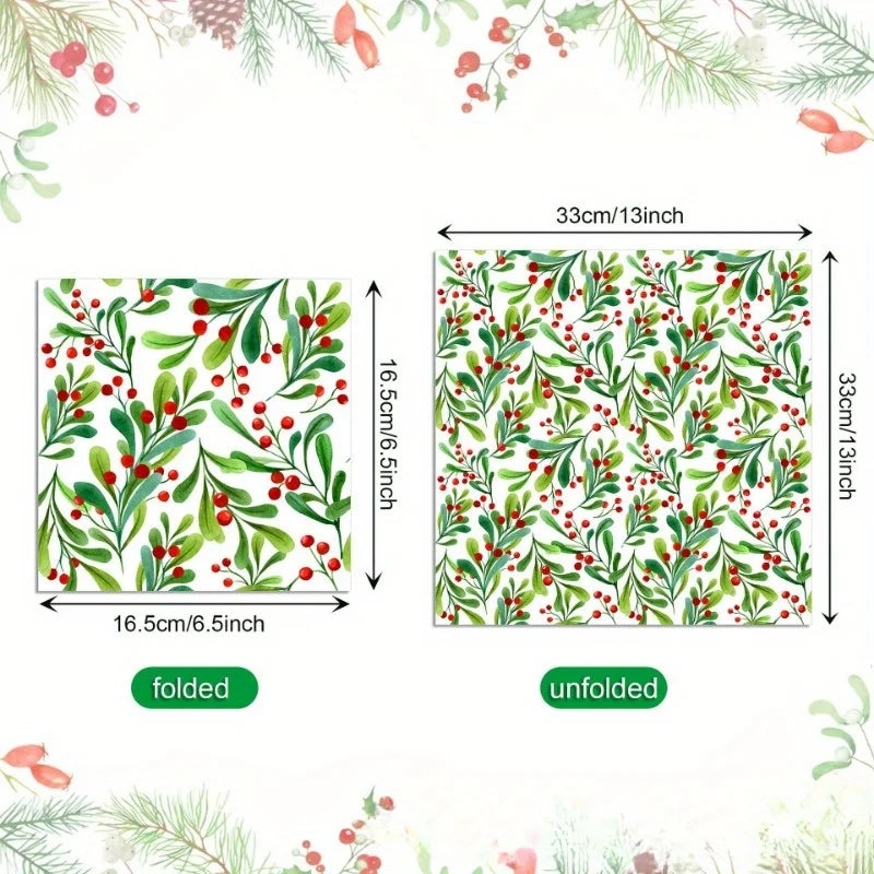 Christmas Napkins - 3-Ply Disposable Festive Berry & Pine Design with Red Berries, For Holiday Parties, Weddings, Home Decor