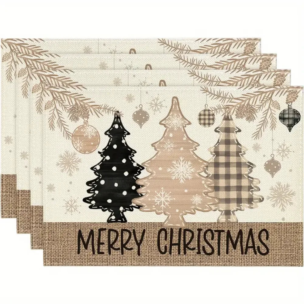 VIKAMA Linen Placemat with Christmas Element Printing Dirt Resistant Tabletop Placemat Suitable Party Kitchen and Restaurant