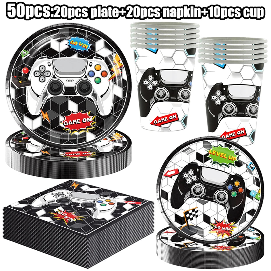 Video Game Birthday Party Favors New Paper Black White Blue Tableware Happy Birthday Plates Napkins Background Decorations Kits