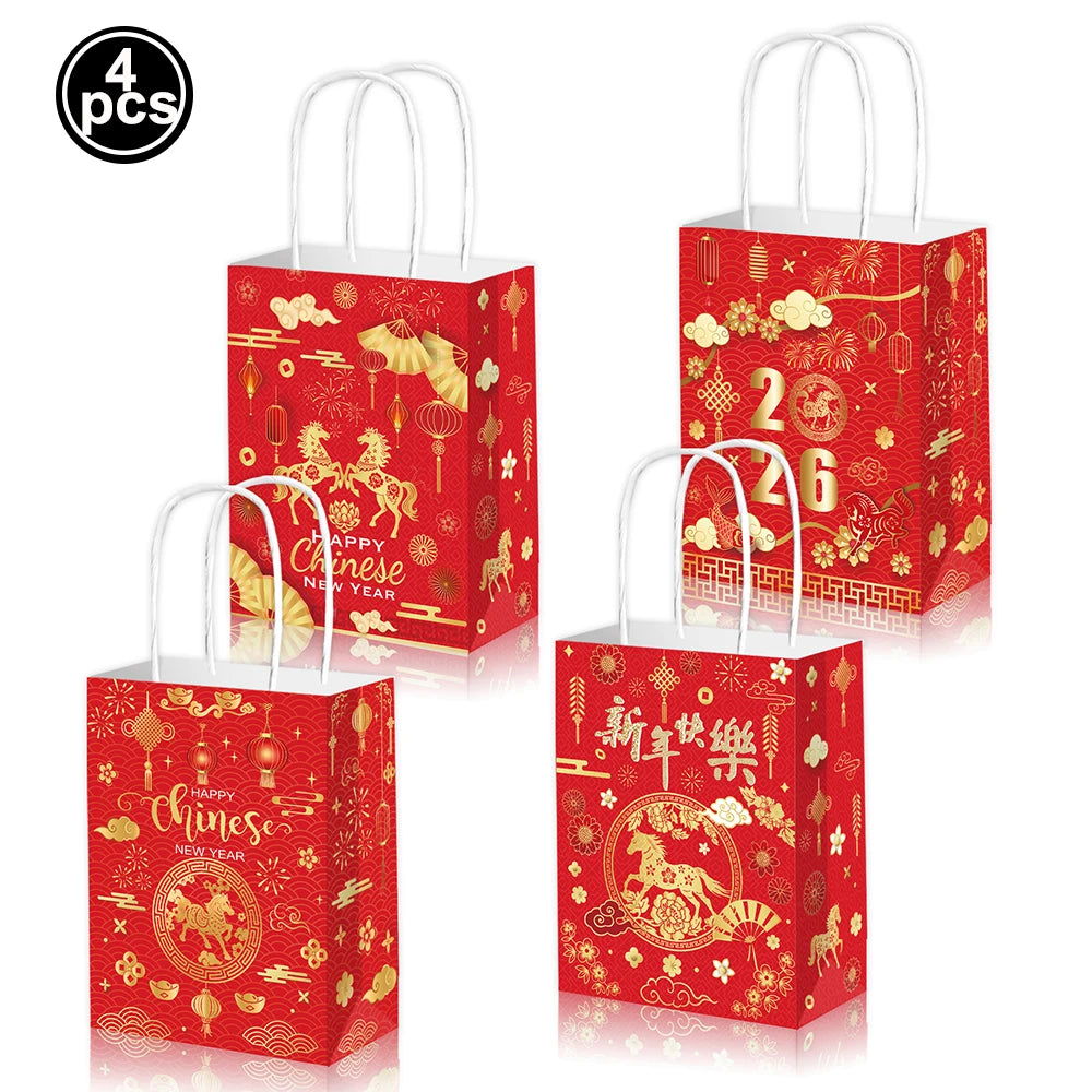 Chinese Spring Festival Banner Gifts Bags Food Tray Napkins Tablecloth Wine Bottle Stickers Happy New Year 2026 Party Decor