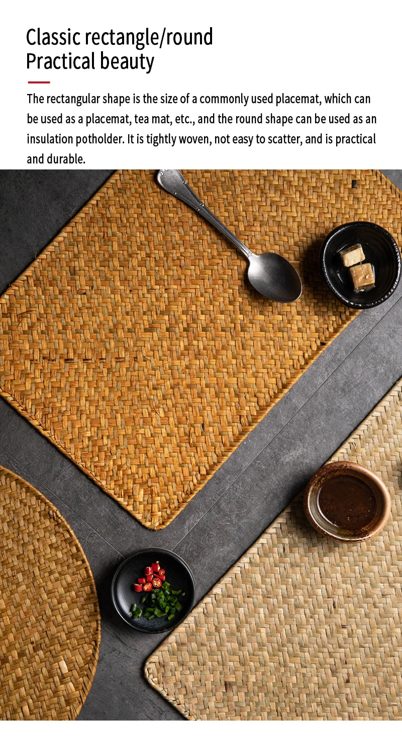 Natural Seagrass Place Table Woven Vinyl Individual Placemats For Table Non-Slip Kitchen Tableware Drink Cup Coaster Hoilday Dec