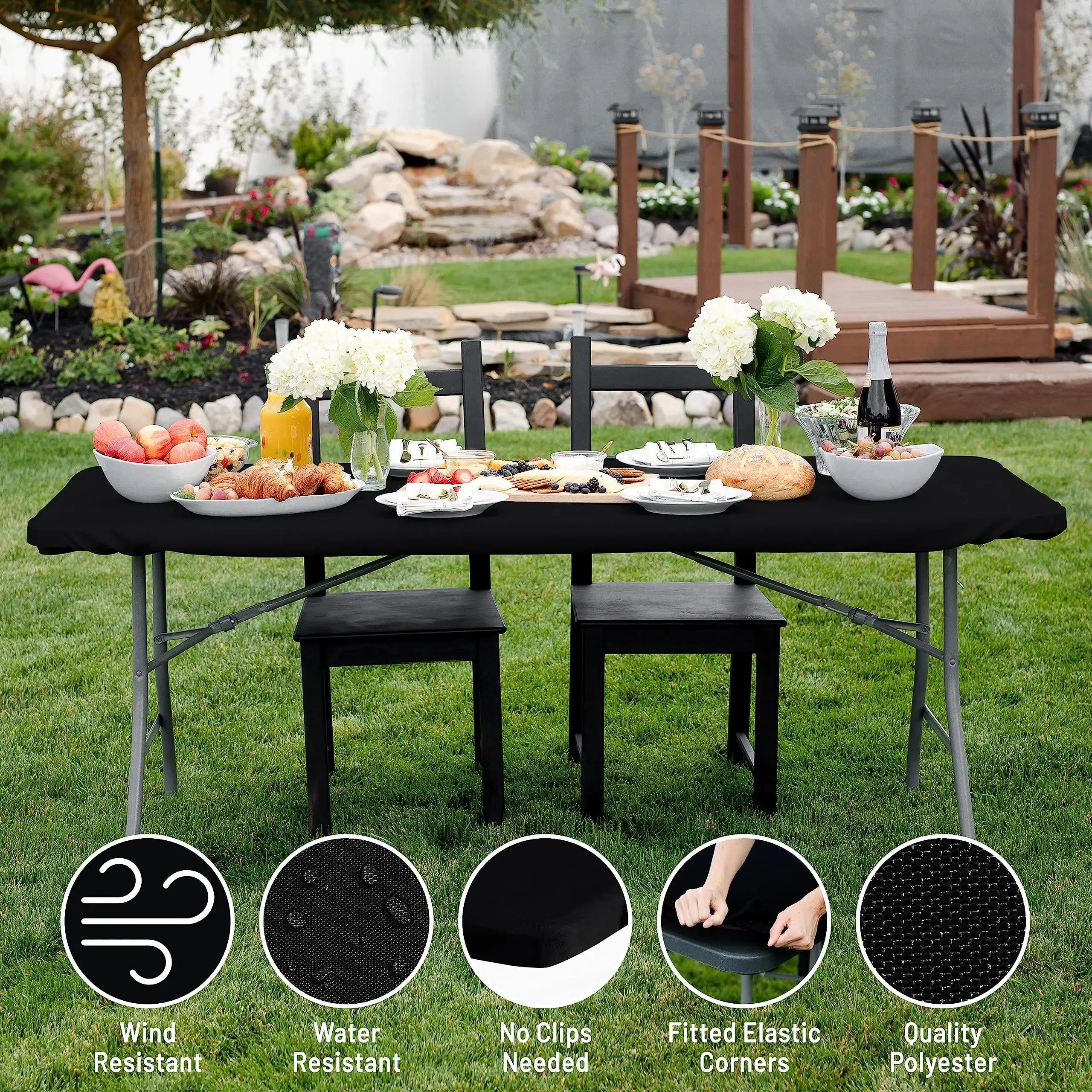 Rectangle Table Cloth, Elastic Fitted Fabric Tablecloth Fits for 6 Foot Folding Tables, Washable Table Cover for Picnic, Camping
