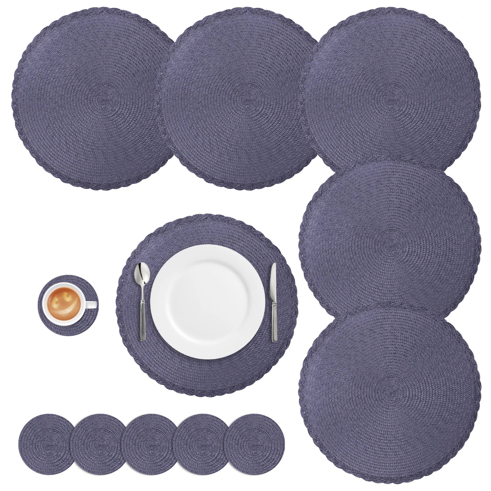Set of 12 Round Braided Table Mat Washable Placemats Non Slip Heat Resistant for Kitchen Dining Tables Pad With Cup Coasters