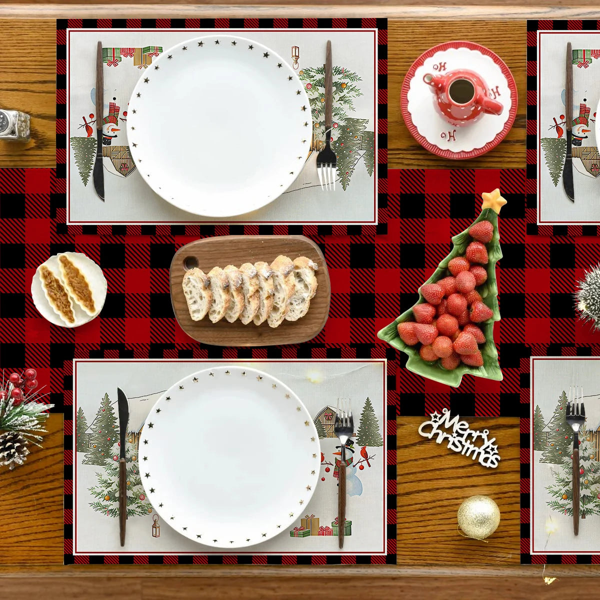 1/4/6pcs Christmas placemat, retro Christmas tree Santa Claus pattern dining table anti slip insulation mat,