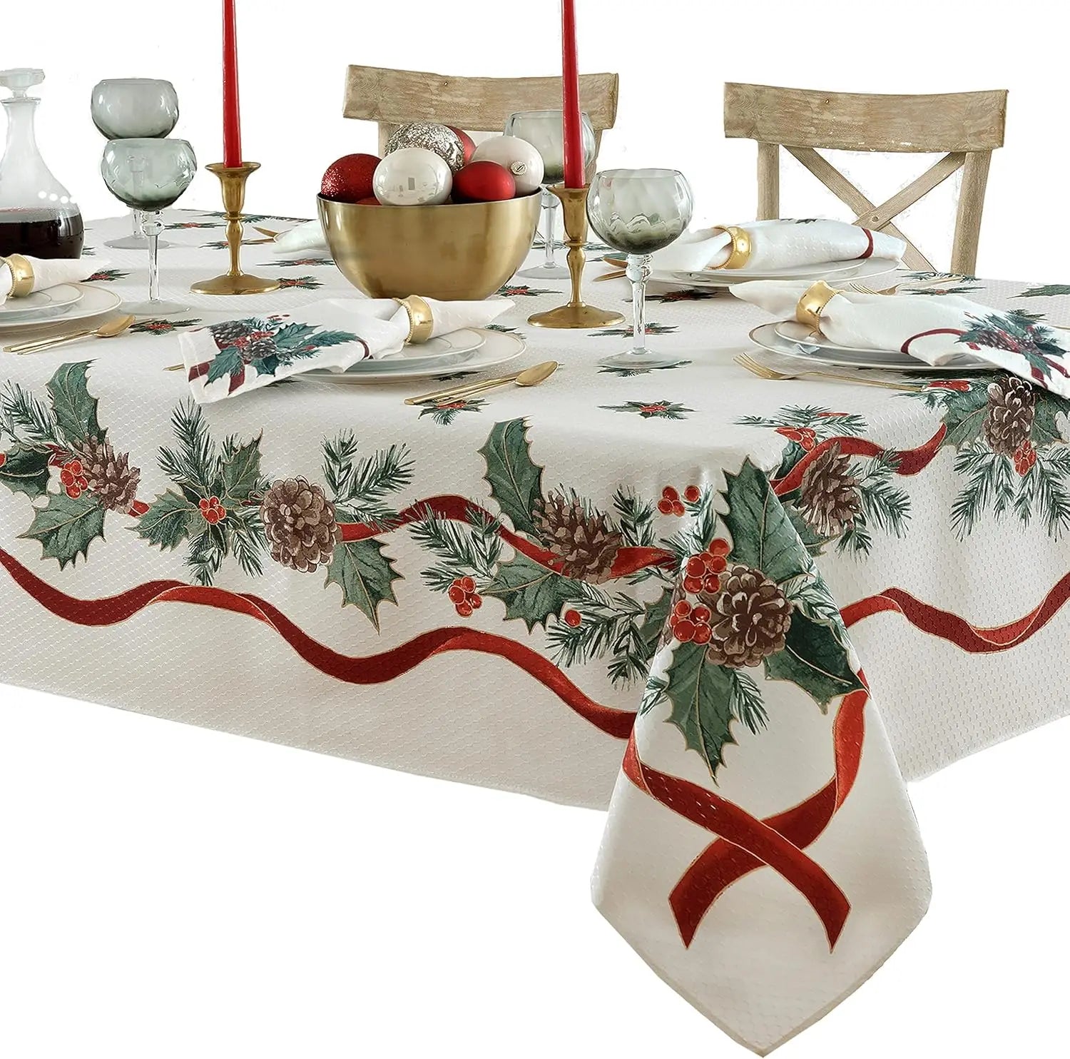 Christmas Holly Pine Needle Waterproof Tablecloth Table Decor Winter Xmas Holiday Kitchen Dining Tablecloth Christmas Decoration