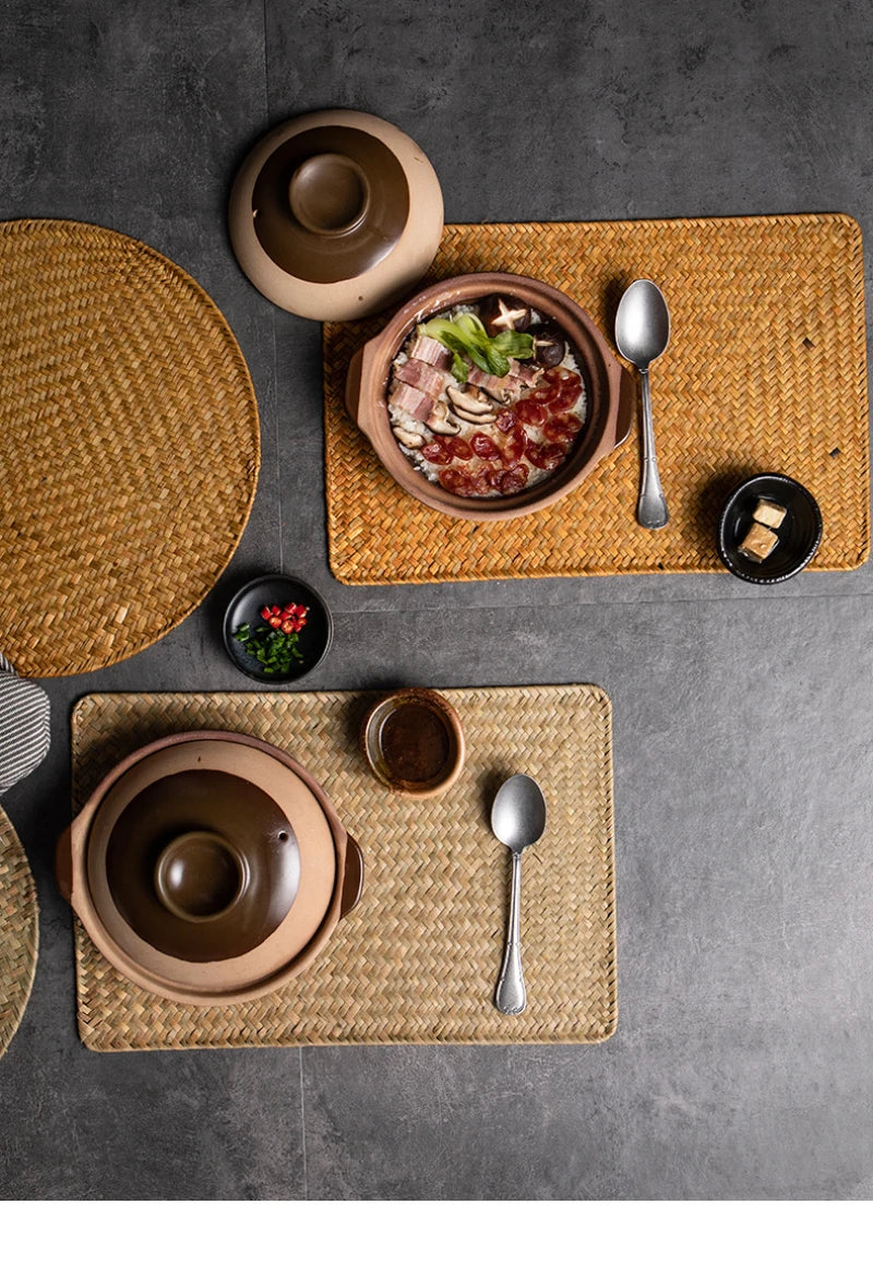 Natural Seagrass Place Table Woven Vinyl Individual Placemats For Table Non-Slip Kitchen Tableware Drink Cup Coaster Hoilday Dec