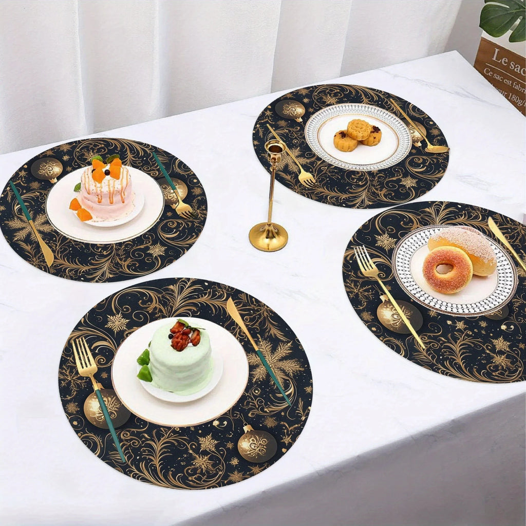 VIKAMA 4-Piece Dark Blue Gold-Patterned Christmas Oval Placemats Home Holiday Gathering Party Table Decor and Accessories