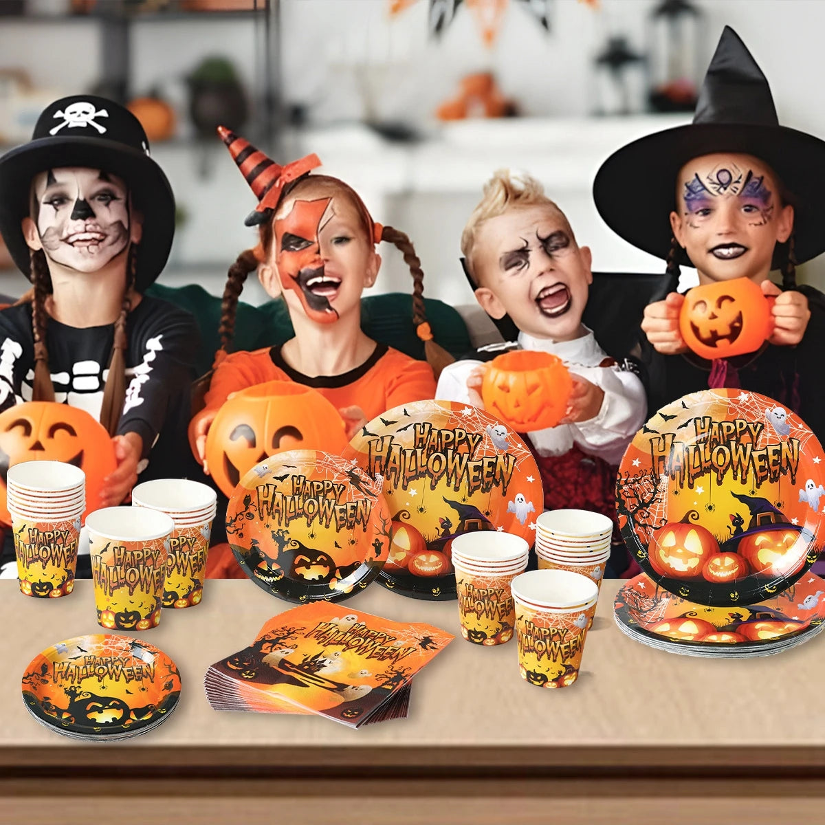Halloween Them Party Decoration Set Halloween Pumpkins Tableware for Festival Paper Tableware Plate Napkin Towel Tissue Cup 2025