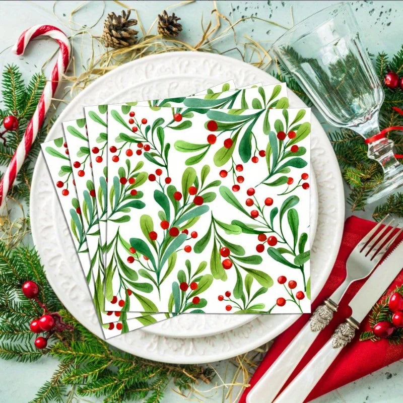 Christmas Napkins - 3-Ply Disposable Festive Berry & Pine Design with Red Berries, For Holiday Parties, Weddings, Home Decor