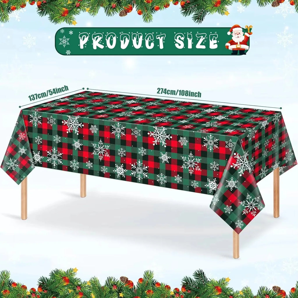 3PCS/Set Disposable Christmas Snowflake Tablecloth Plastic Red Green Buffalo Plaid Table Cover for Christmas Holiday Party Decor