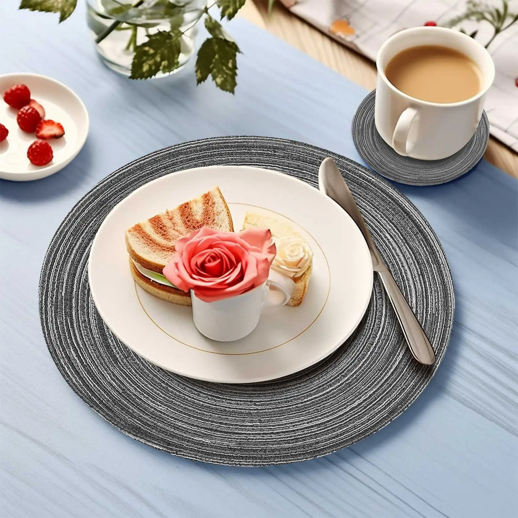 Set of 12 Round Braided Table Mat Washable Placemats Non Slip Heat Resistant for Kitchen Dining Tables Pad With Cup Coasters