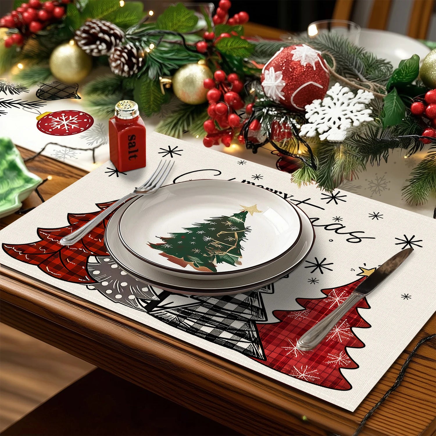 1/4/6pcs Christmas placemat, retro Christmas tree snowflake pattern dining table anti slip insulation mat, Christmas decoration