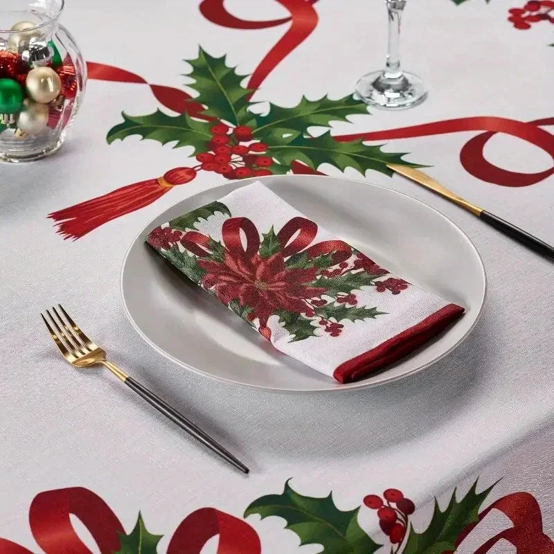 Christmas Rectangle Tablecloth, Poinsettia Design Tablecloth For New Year Party And Dinner Christmas Table Decor Tablecloth