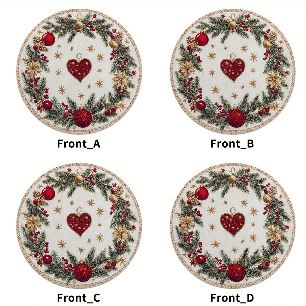 VIKAMA 4PC Christmas Round Placemats Red Background Snowflakes Holly Berries Waterproof Family Dinner Cafe Decoration