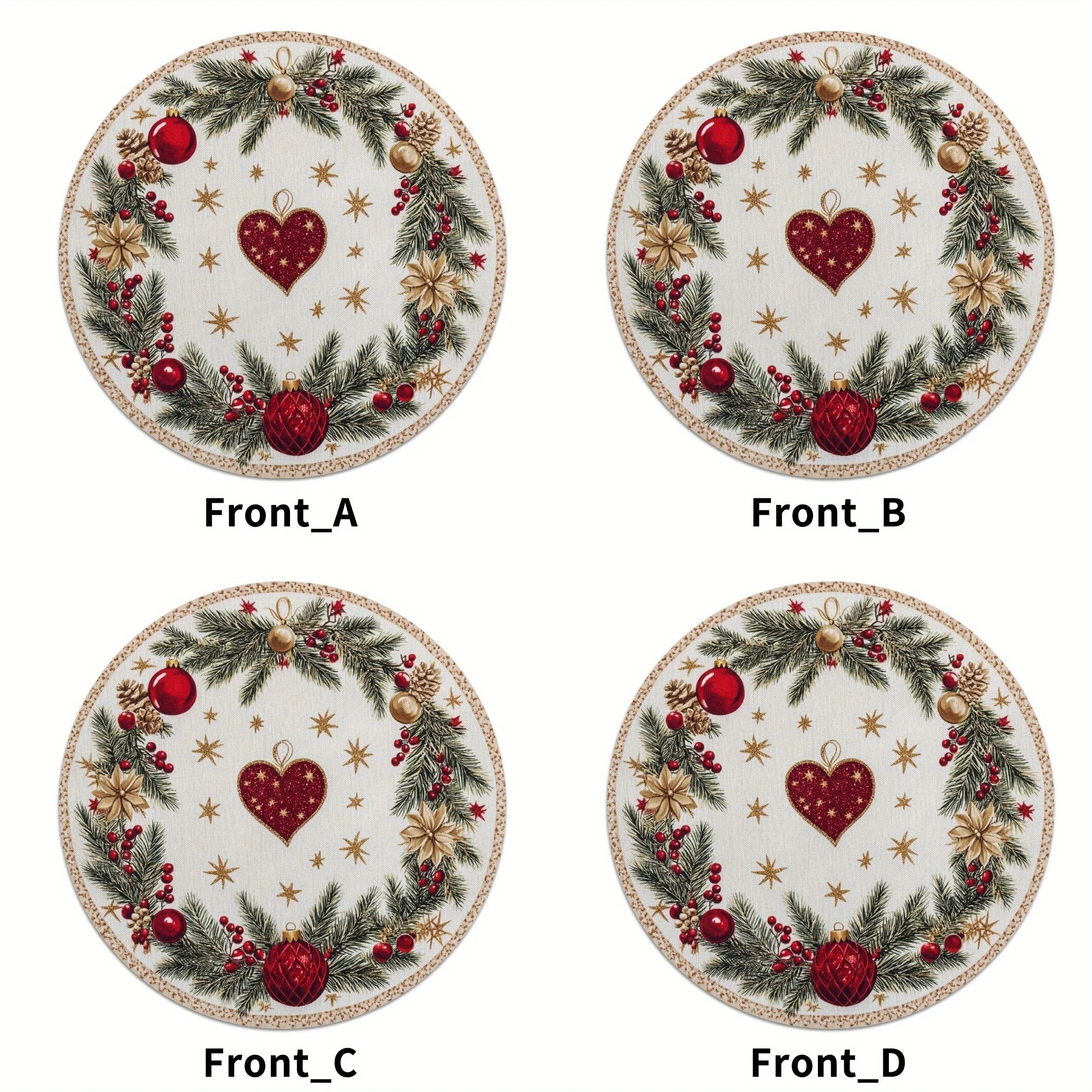 VIKAMA 4PC Christmas Round Placemats Red Background Snowflakes Holly Berries Waterproof Family Dinner Cafe Decoration