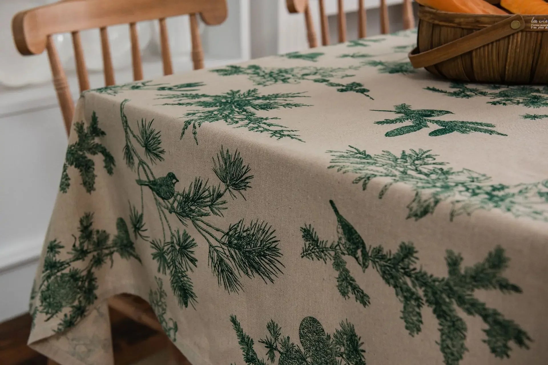 Cotton Linen Printed Pine Rectangular Fitted Tablecloth for mantel mesa party wedding kitchen dining decor table met cover