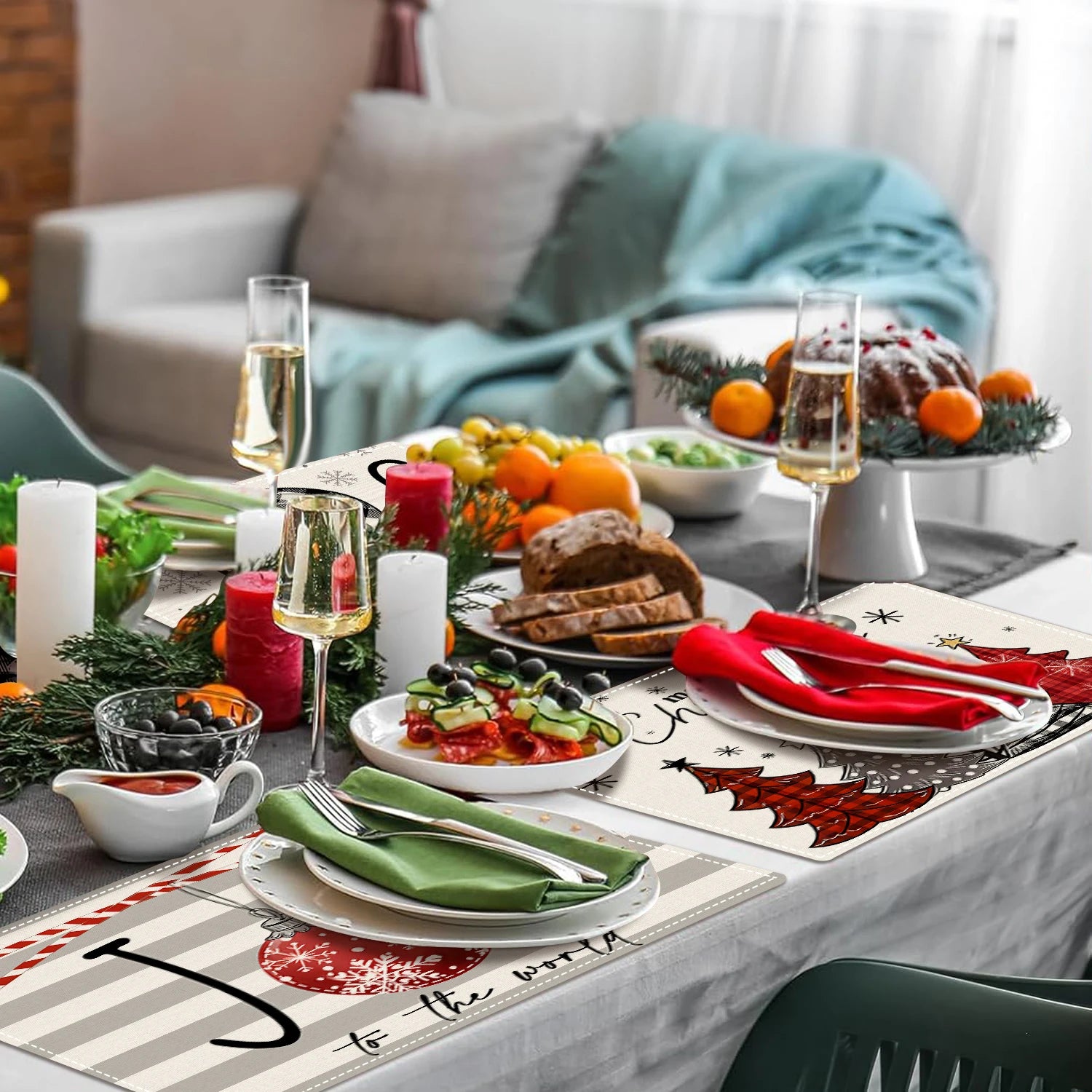 1/4/6pcs Christmas red snowflakes, Christmas tree design placemats, Christmas family party table decoration placemats,