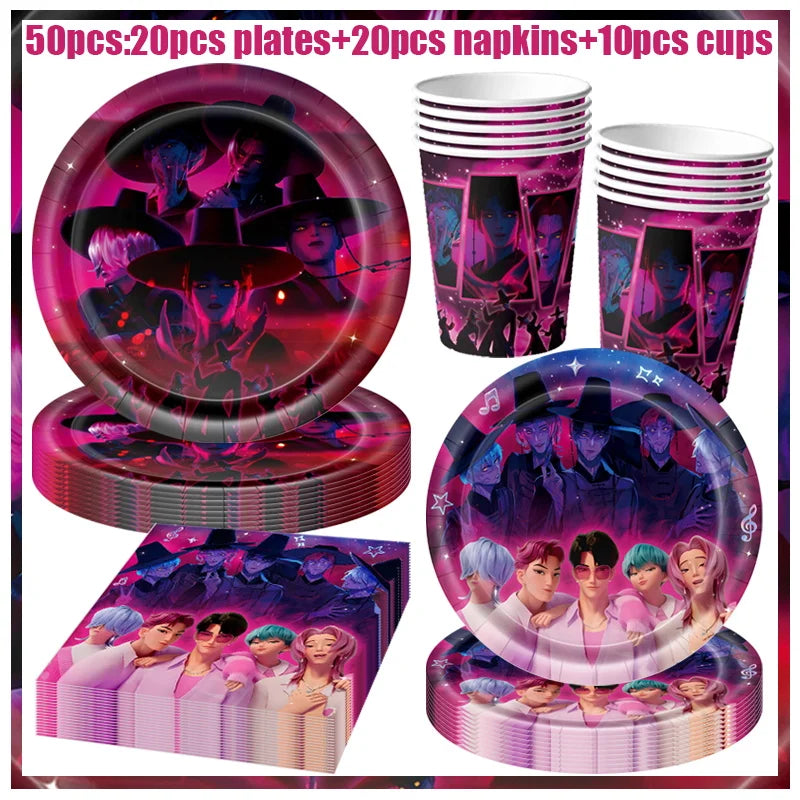 Kpop Demon Hunters Birthday Decorations Saja Boys Purple Napkins Plates Tableware Kpop Demon Hunter Birthday Party Favors Supply