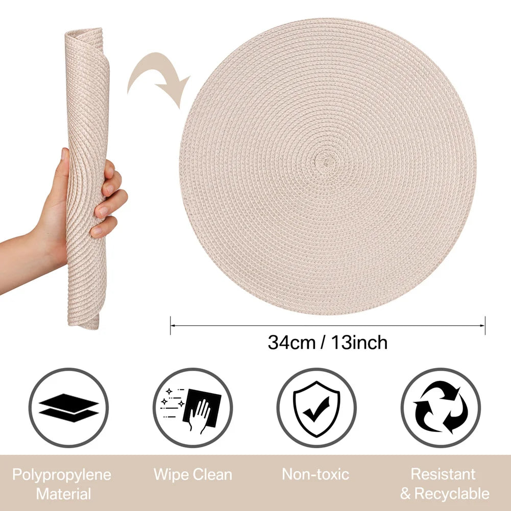 Set of 6 Round Braided Placemats 34CM Table Mats for Dining Tables Christmas Halloween Woven Washable Non-Slip Place mats