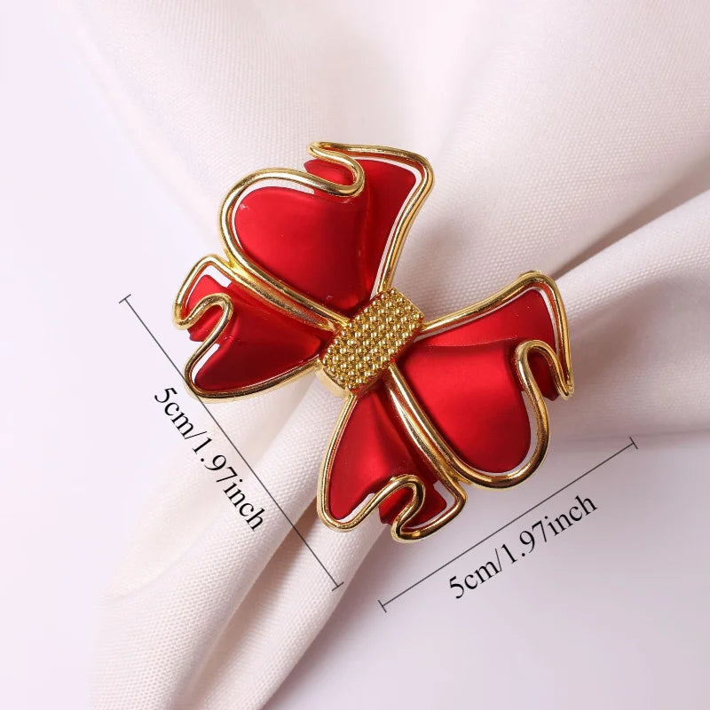 Christmas Bow Tie Napkin Rings Set of 6, Holiday Metal Red Napkins Holder Buckles for Winter Festive, Christmas, Banquet, Party