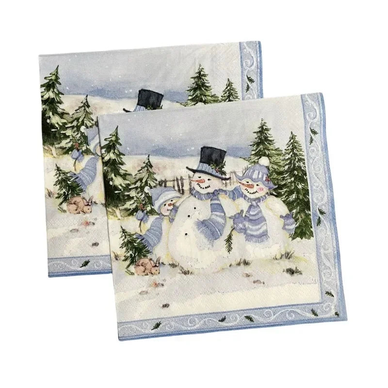 10/20pcs 33*33cm 2-Ply Christmas Napkin Festival Party Decoration Paper Three Christmas Snowmen Cartoon Printed Paper Placemats
