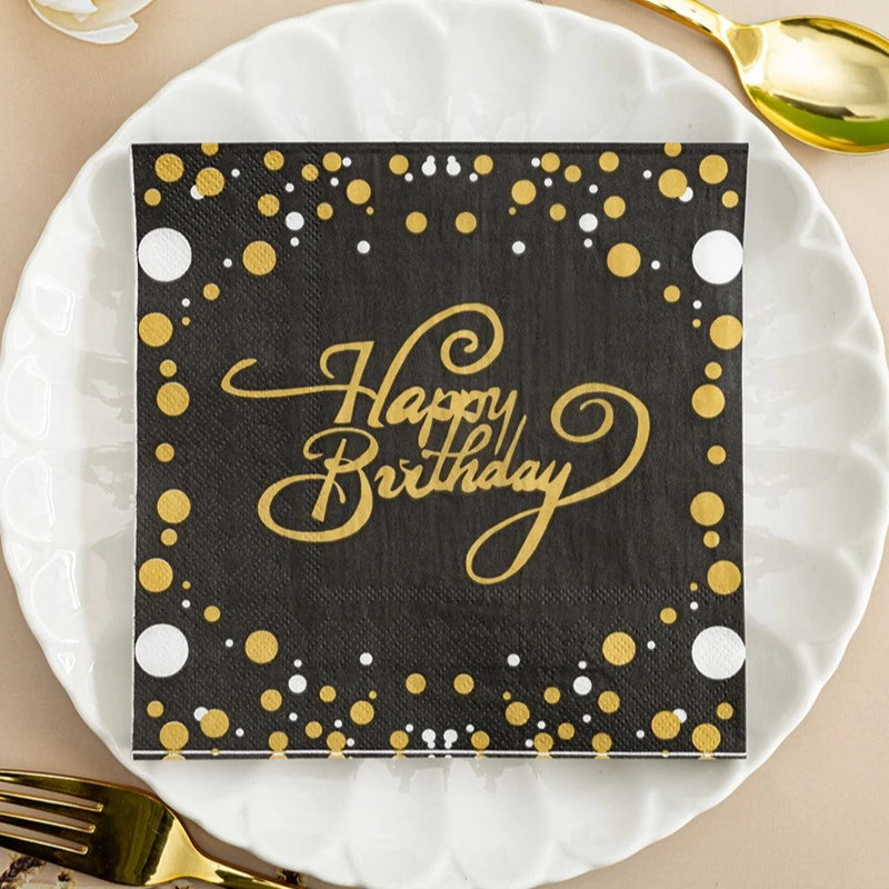 Birthday Party Colorful Printing Napkins Square Paper Napkins Gold Lettering on Black Background Paper Placemats 20/40pcs