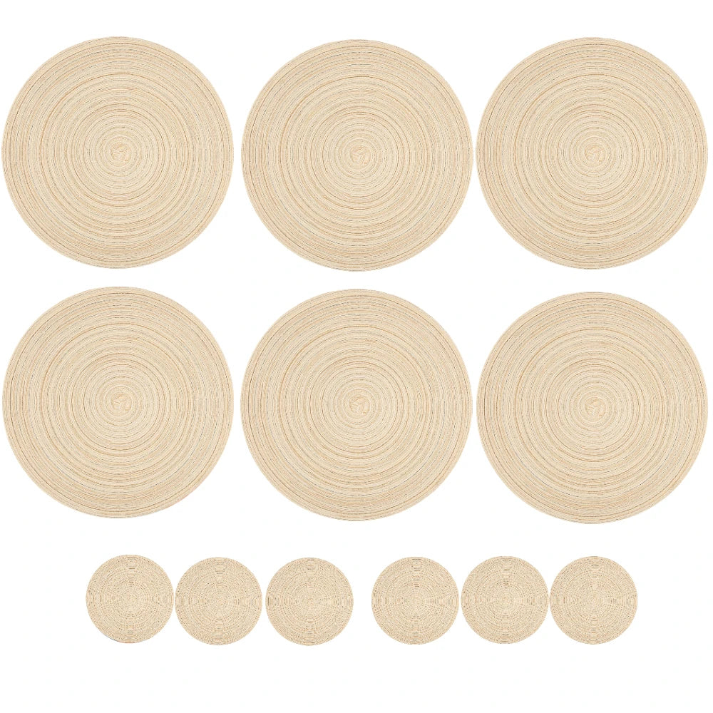 Set of 12 Round Braided Table Mat Washable Placemats Non Slip Heat Resistant for Kitchen Dining Tables Pad With Cup Coasters
