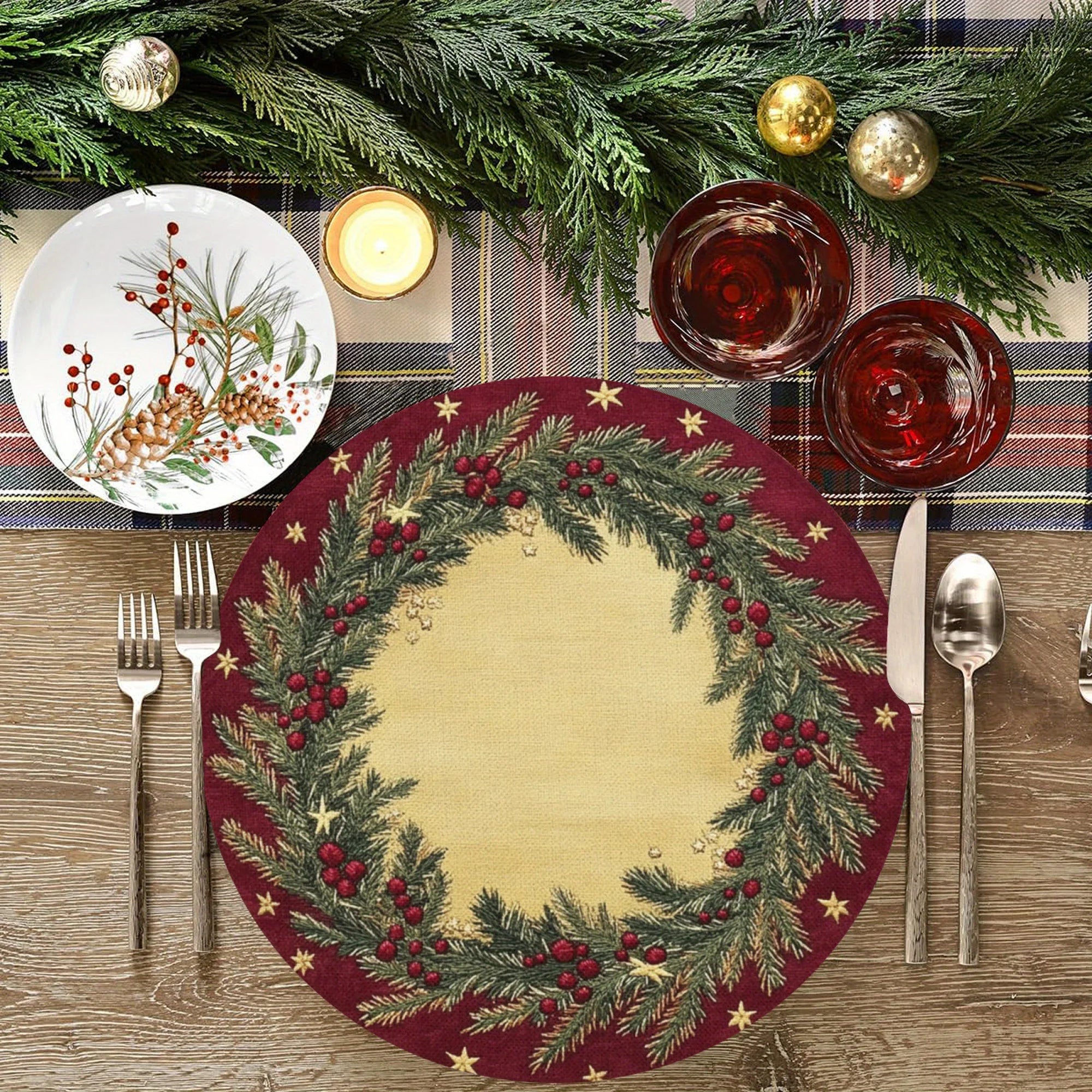 VIKAMA 4-Piece American-Style Christmas Pine Branch Placemats Dinner Table Decor Accessories Party Decorations