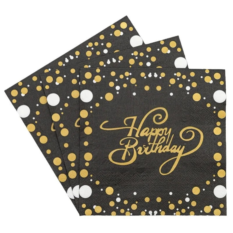 Birthday Party Colorful Printing Napkins Square Paper Napkins Gold Lettering on Black Background Paper Placemats 20/40pcs