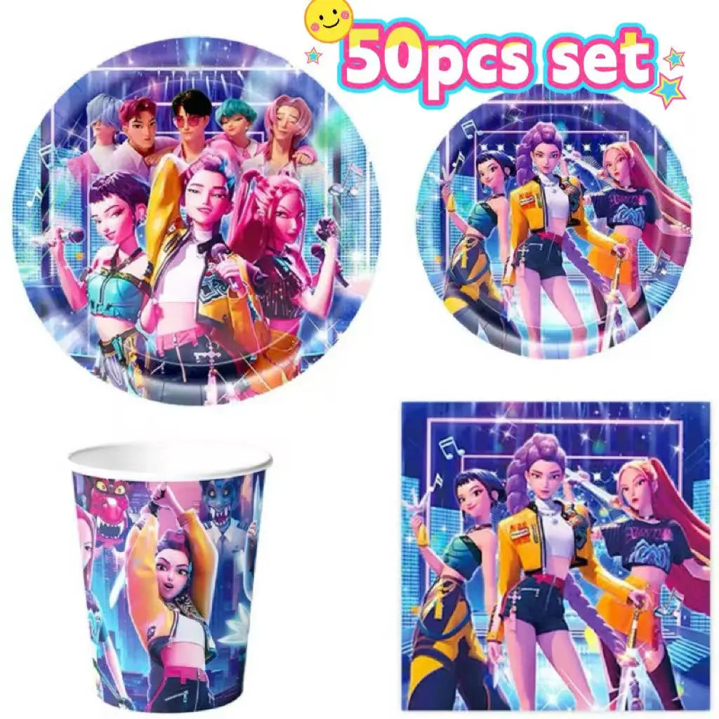 New Anime Demon Hunters Kpop Birthday Decoration Backdrop Ballon Kpop Happy Birthday Theme Plate Cup Napkin Cake Decor For Girl