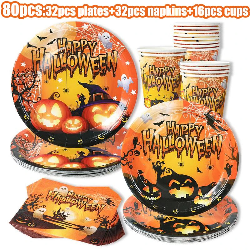 Halloween Them Party Decoration Set Halloween Pumpkins Tableware for Festival Paper Tableware Plate Napkin Towel Tissue Cup 2025
