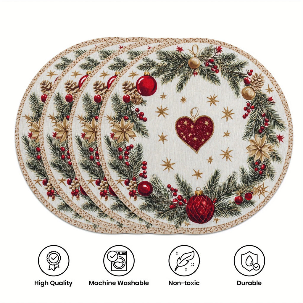 VIKAMA 4PC Christmas Round Placemats Red Background Snowflakes Holly Berries Waterproof Family Dinner Cafe Decoration