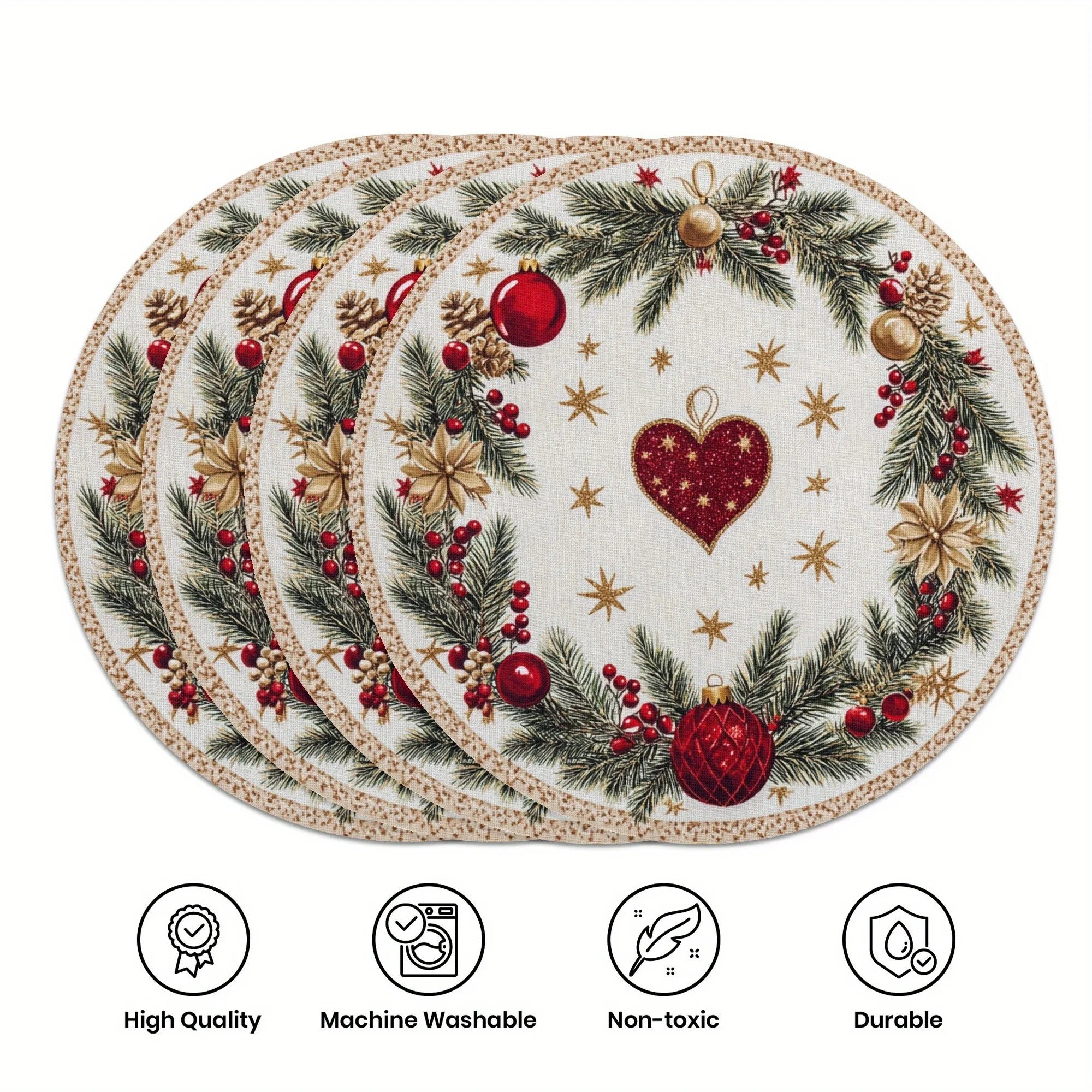 VIKAMA 4PC Christmas Round Placemats Red Background Snowflakes Holly Berries Waterproof Family Dinner Cafe Decoration