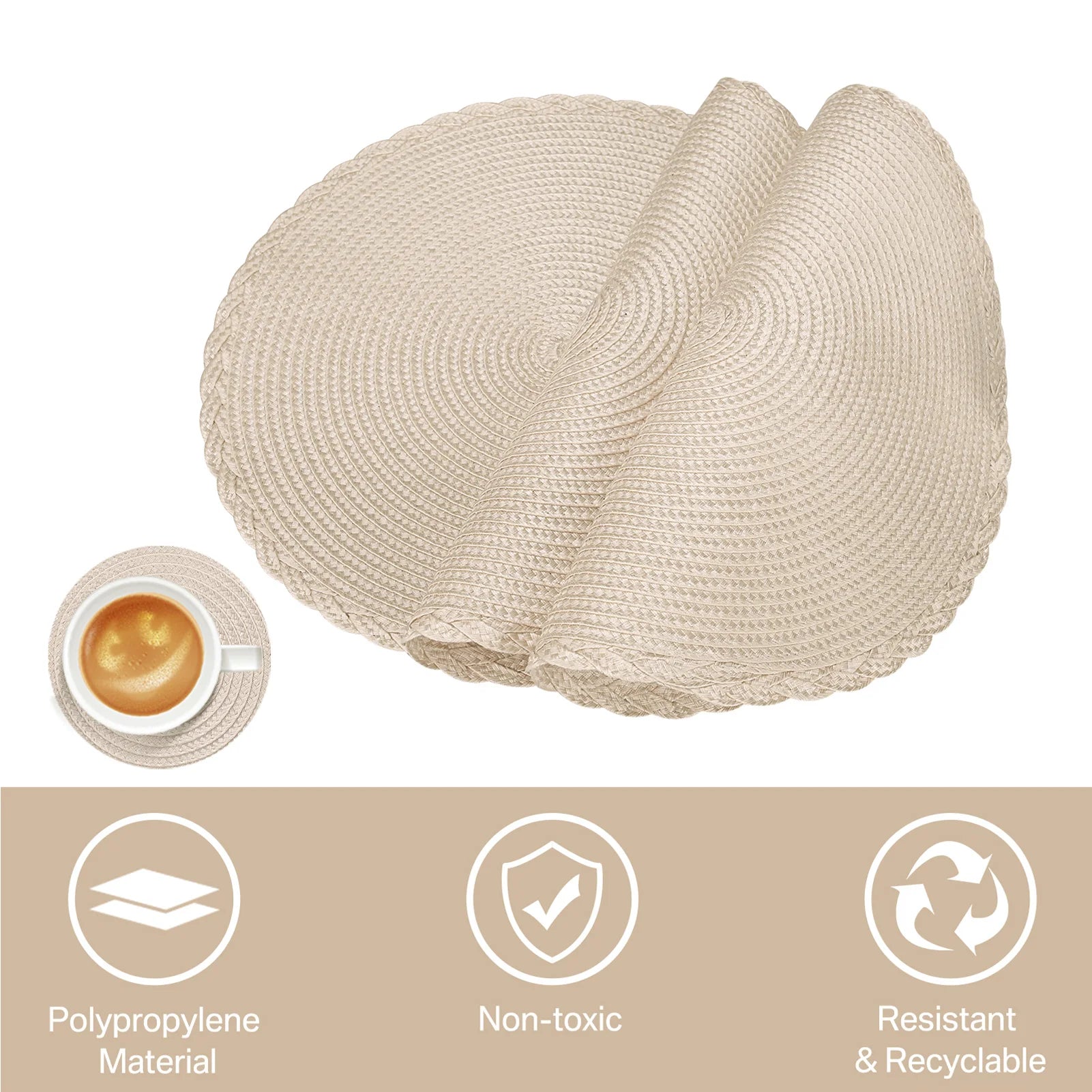 Set of 12 Round Braided Table Mat Washable Placemats Non Slip Heat Resistant for Kitchen Dining Tables Pad With Cup Coasters